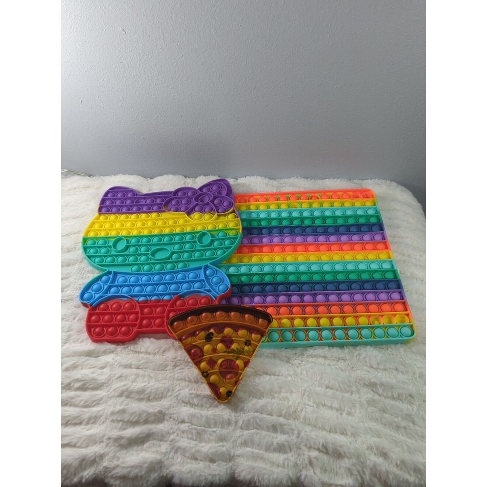 Lot Of 3 Pop It Fidget Stress Toys Hello Kitty, Pizza, And Square